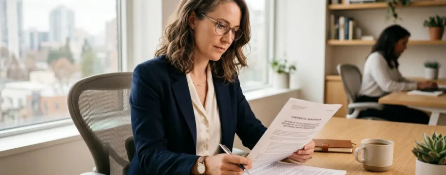 Une personne consultant un document officiel archivé sur un bureau sobre et lumineux