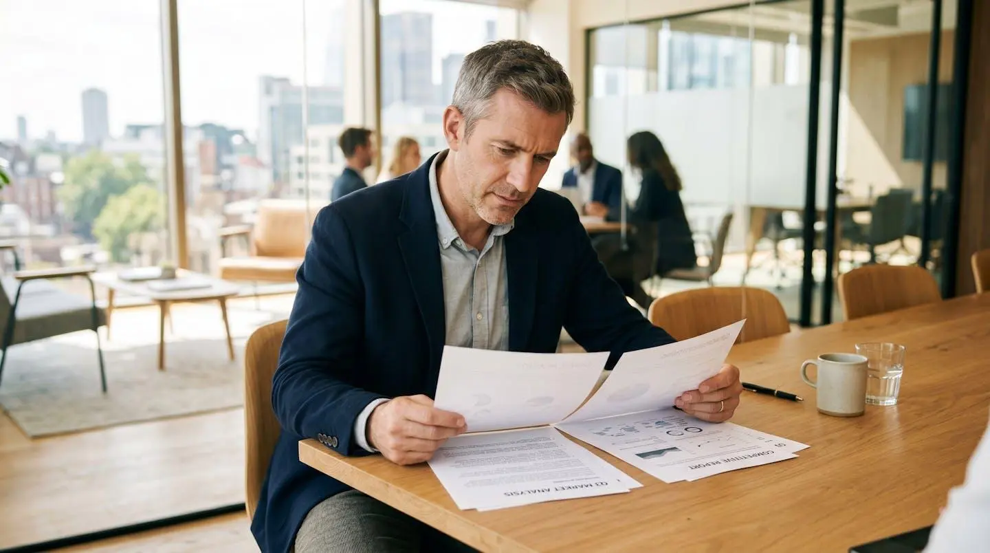 Un homme d'affaires en costume sobre comparant deux documents sur une table de réunion lumineuse